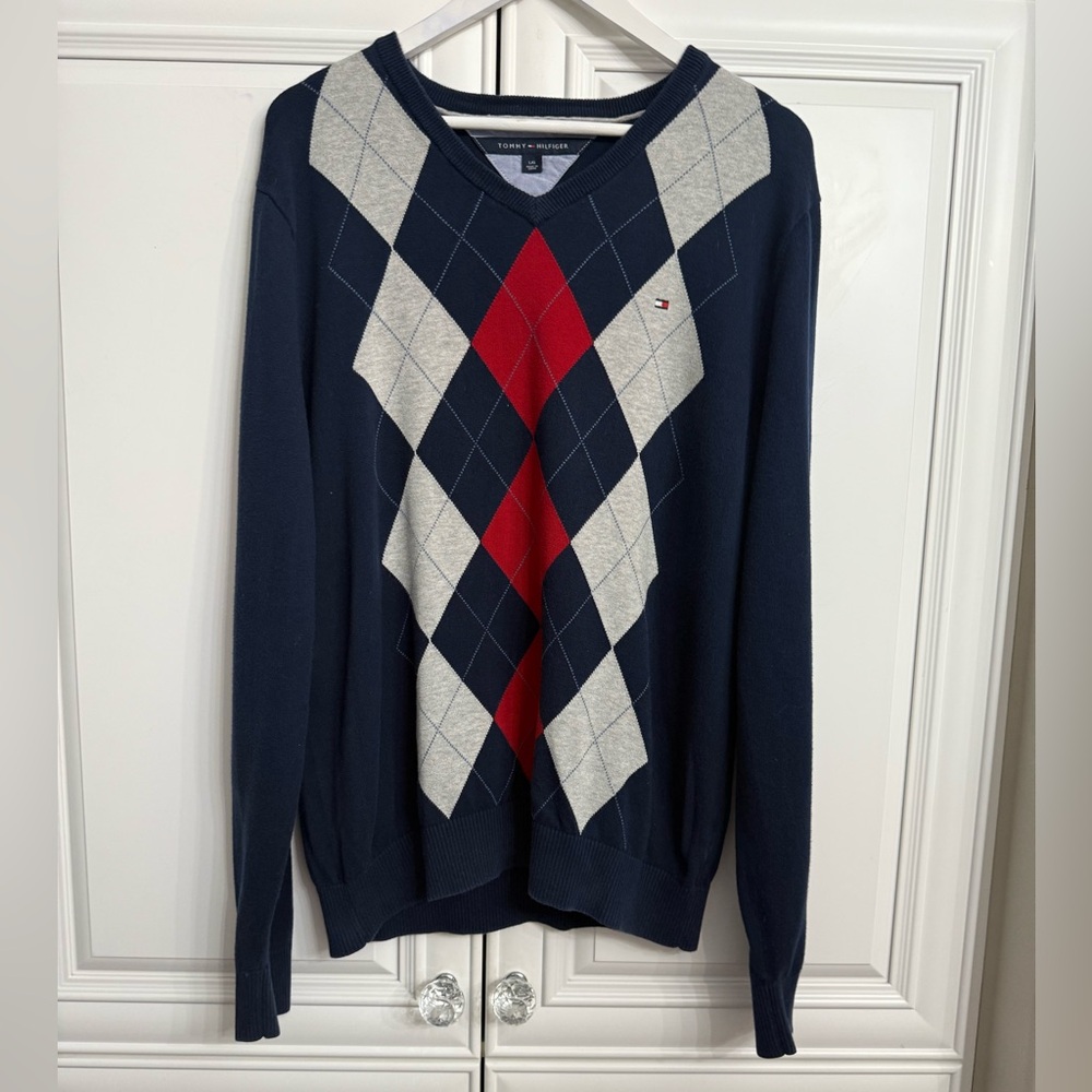 Tommy Hilfiger Men’s Size Large Navy, Red and White V-Neck Cotton Argyle Sweater